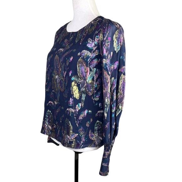 Lilly Pulitzer Lambert Navy Metallic Multicolor Sparkle Long Sleeve Silk Top - Picture 4 of 15